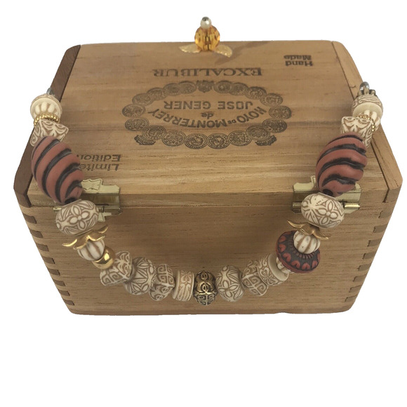 Vintage Wood Cigar Box Purse Handbag Beaded Handle Epicure Excalibur Honduras - Picture 8 of 14